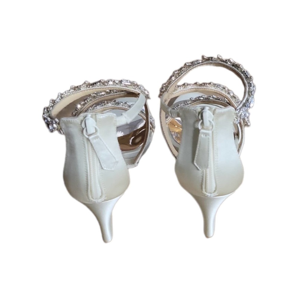 Badgley Mischka Womens Bennet Sandals White Satin Wedge Heels Rhinestone 7 New - Picture 7 of 9